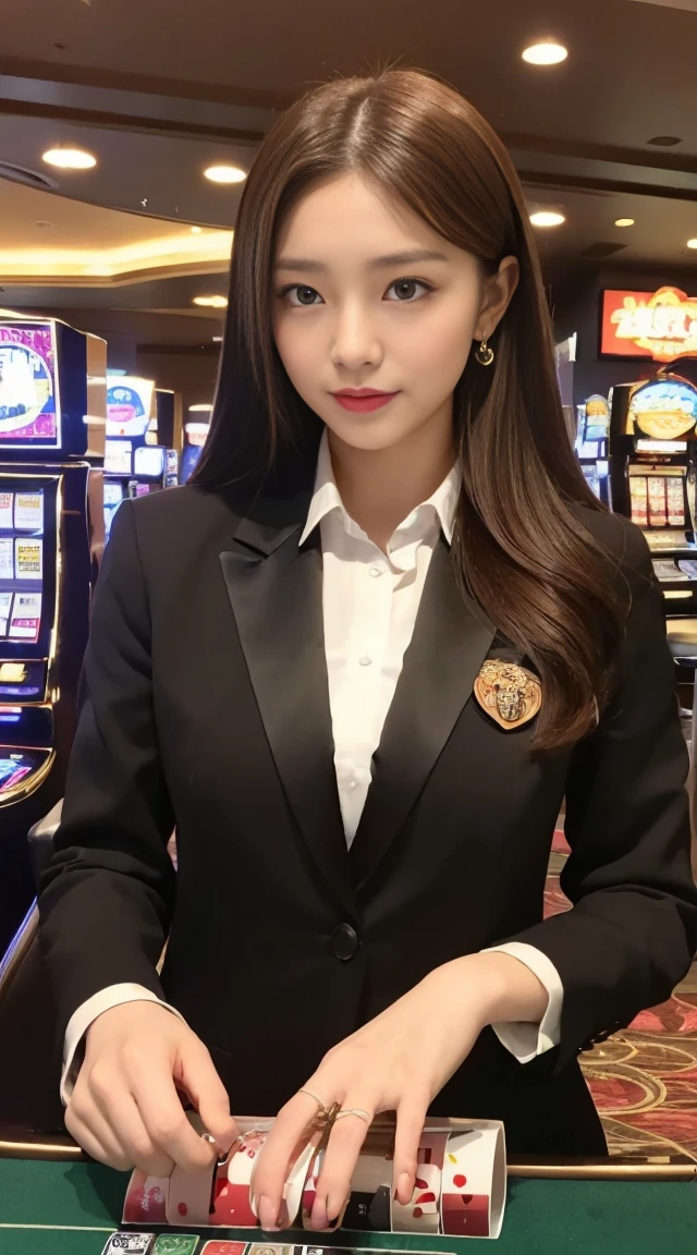 ((最高品質, 10, master-piece: 1.3)), crisp focus: 1.2, Beautiful woman with perfect style: 1.4, Slender abs: 1.2, ((dark-brown hair, small: 1.2)), (natural light, city street: 1.1), Highly detailed face and skin texture, detailed eyes, 二重まぶた (Random background,In casinos,VIP casino room, Modern Casino Console, Modern Slot Machines ) (Dress up as a random casino employee.&#39;uniform.,Sexy)