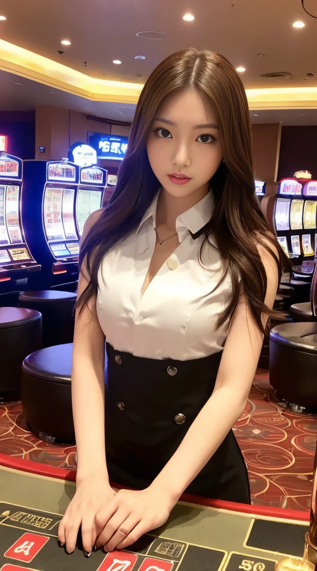 ((最高品質, 10, master-piece: 1.3)), crisp focus: 1.2, Beautiful woman with perfect style: 1.4, Slender abs: 1.2, ((dark-brown hair, small: 1.2)), (natural light, city street: 1.1), Highly detailed face and skin texture, detailed eyes, 二重まぶた (Random background,In casinos,VIP casino room, Modern Casino Console, Modern Slot Machines ) (Dress up as a random casino employee.'uniform.,Sexy)