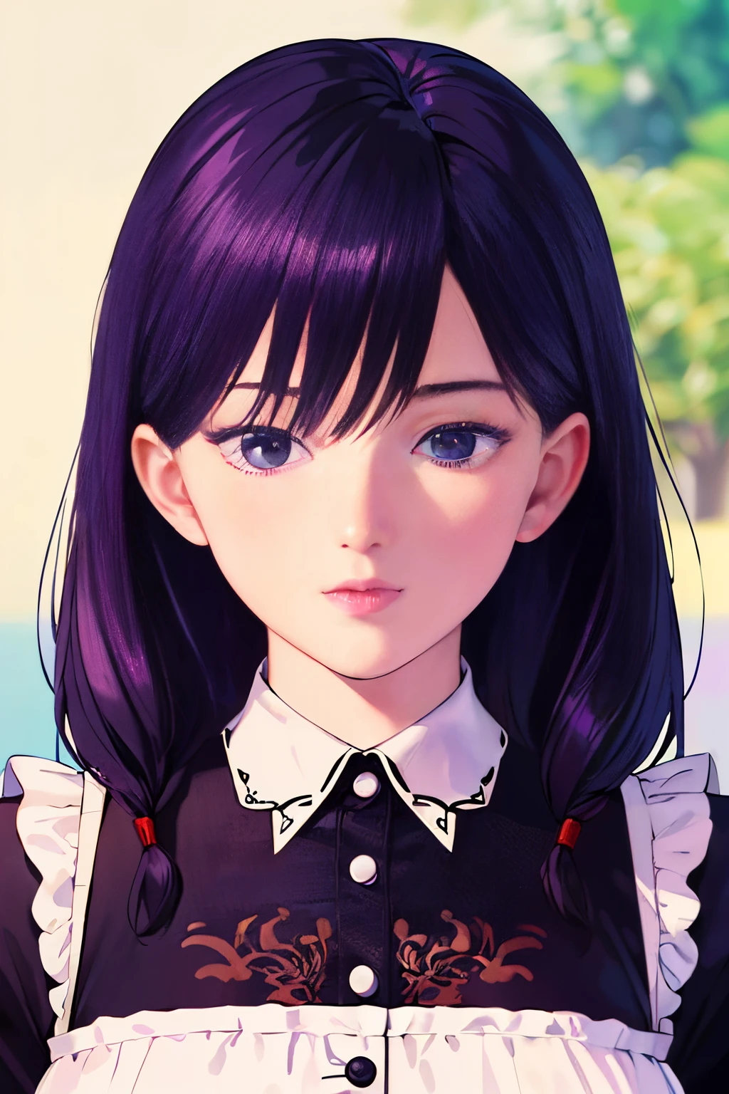 (best quality,4k,8k,highres,masterpiece:1.2),ultra-detailed,(realistic,photorealistic,photo-realistic:1.37), female, black maid clothes, iridescent purple hair, intricate, colorful, Game Illustration, lora:OilPaint:0.7