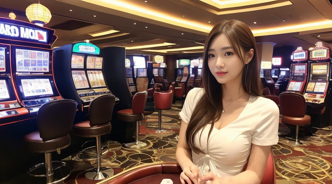 Highest quality, figure, Super detailed, In detail, High resolution, 8k wallpaper,  Beautiful attention to detail, Medium Hair,  Natural color lip, Random sexy poses,smile,poker、dealer、casino、uniform、Upper Body