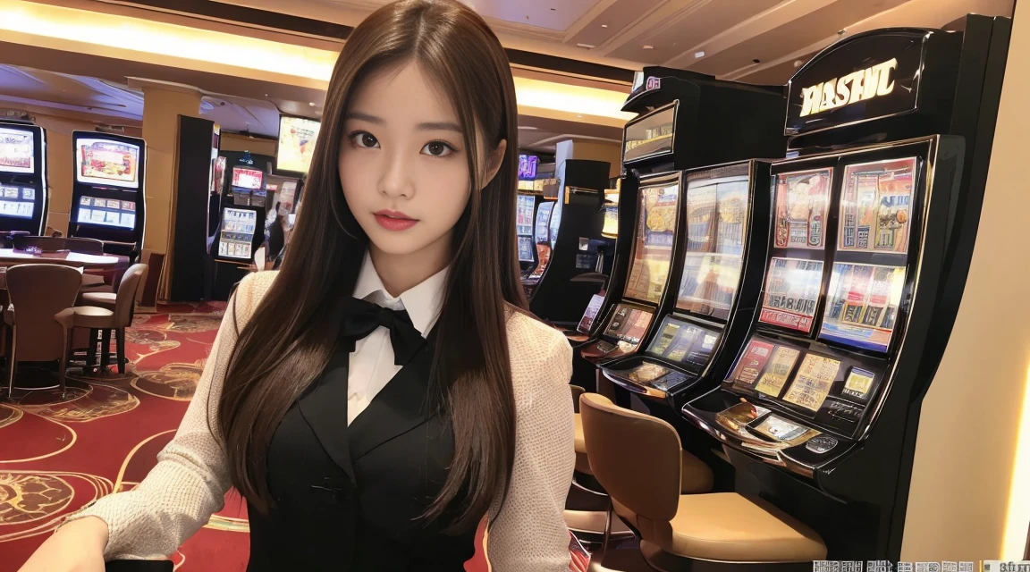 ((最高品質, 10, master-piece: 1.3)), crisp focus: 1.2, Beautiful woman with perfect style: 1.4, Slender abs: 1.2, ((dark-brown hair, small: 1.2)), (natural light, city street: 1.1), Highly detailed face and skin texture, detailed eyes, 二重まぶた (Random background,In casinos,VIP casino room, Modern Casino Console, Modern Slot Machines ) (Dress up as a random casino employee.&#39;uniform.,Sexy)