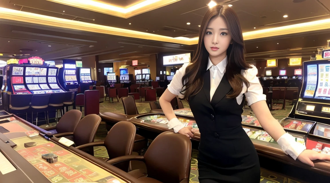 ((最高品質, 10, master-piece: 1.3)), crisp focus: 1.2, Beautiful woman with perfect style: 1.4, Slender abs: 1.2, ((dark-brown hair, small: 1.2)), (natural light, city street: 1.1), Highly detailed face and skin texture, detailed eyes, 二重まぶた (Random background,In casinos,VIP casino room, Modern Casino Console, Modern Slot Machines ) (Dress up as a random casino employee.'uniform.,Sexy)