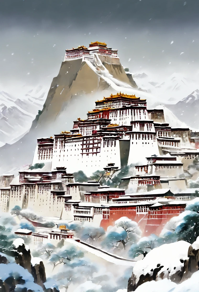 Wu Guanzhong's painting style, Potala Palace, Dark, Matte texture, Snow in winter, snowfield, Leave white space, Upper and lower structure, Minimalist, close-up, masterpiece