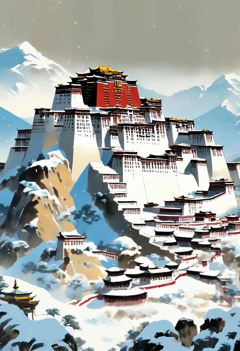 Wu Guanzhong's painting style, Potala Palace, Dark, Matte texture, Snow in winter, snowfield, Leave white space, Upper and lower structure, Minimalist, close-up, masterpiece