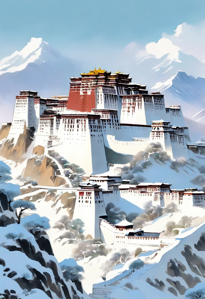 Wu Guanzhong&#39;s painting style, Potala Palace, Dark, Matte texture, Snow in winter, snowfield, Leave white space, Upper and lower structure, Minimalist, close-up, masterpiece