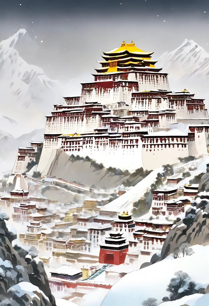 Wu Guanzhong&#39;s painting style, Potala Palace, Dark, Matte texture, Snow in winter, snowfield, Leave white space, Upper and lower structure, Minimalist, close-up, masterpiece