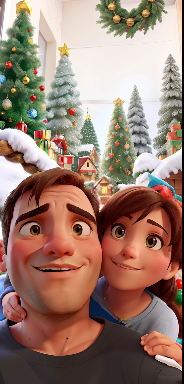 Yo con mi esposa con fondos de pinos de Navidad