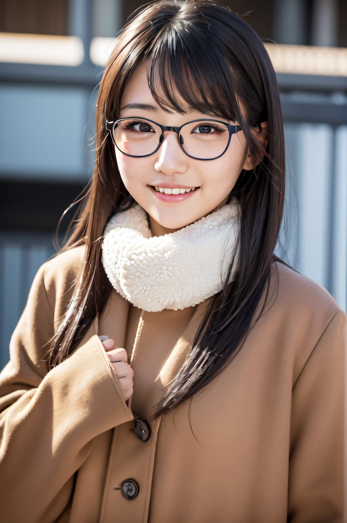 ((japanaese girl)), 8K, Raw photo, Best Quality, ultra-detailliert, Ultra High Resolution, Realistic, photographrealistic, high-definition RAW color photography, professional photograpy, Extremely detailed, 8K Wallpaper, amazing, finely detail, Huge file size, extra detailed face, extremely detailed eye, highlydetailed skin, extremely detailed fingers, highly detailed nose, highly detail mouth, Perfect Anatomy, Highly detailed background, Realistic body, Good figure, blown hair, Cute face, Photography, (Happy smile), Perfect Skin, Perfect Anatomy, (glasses), (Mole), swept bangs, ((winter)), hokkaido, long coat, muffler,