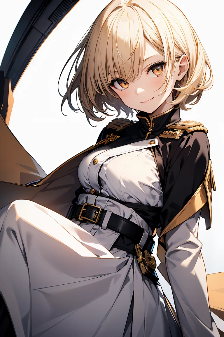 1 girl in, Full body, White one-piece military uniform, (masutepiece:1.2, Best Quality), (finely detailed beautiful eye: 1.2), (beautifull detailed face), High contrast, (Best Illumination, extremely delicate and beautiful), ((Cinematic Light)), Dramatic light, very orange eyes, flat chest, Belt under breast, White military uniform, White skirt,blonde  hair, Black tie,  (Pale white background:1.5), Wolf cut hair, Look at me and smile,