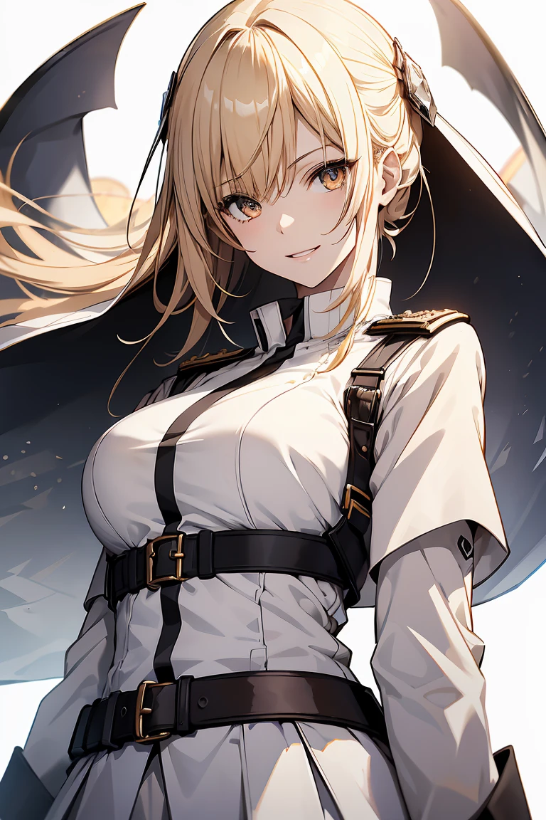 1 girl in, Full body, White one-piece military uniform, (masutepiece:1.2, Best Quality), (finely detailed beautiful eye: 1.2), (beautifull detailed face), High contrast, (Best Illumination, extremely delicate and beautiful), ((Cinematic Light)), Dramatic light, very orange eyes, flat chest, Belt under breast, White military uniform, White skirt,blonde hair, Black tie, (Pale white background:1.5), Wolf cut hair, Look at me and smile,