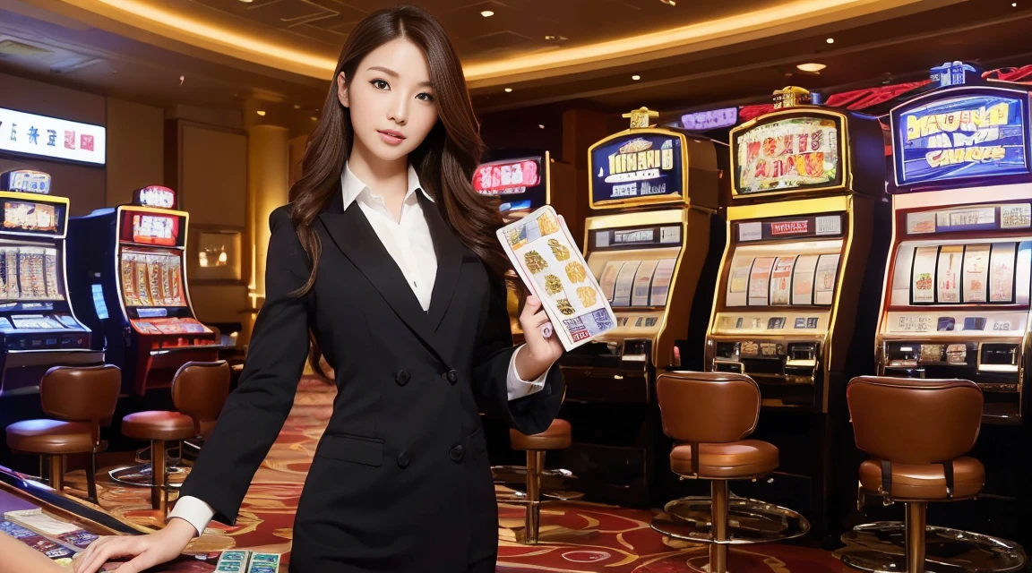 ((最高品質, 10, master-piece: 1.3)), crisp focus: 1.2, Beautiful woman with perfect style: 1.4, Slender abs: 1.2, ((dark-brown hair, small: 1.2)), (natural light, city street: 1.1), Highly detailed face and skin texture, detailed eyes, 二重まぶた (Random background,In casinos,VIP casino room, Modern Casino Console, Modern Slot Machines ) (Dress up as a random casino employee.'uniform.,Sexy)