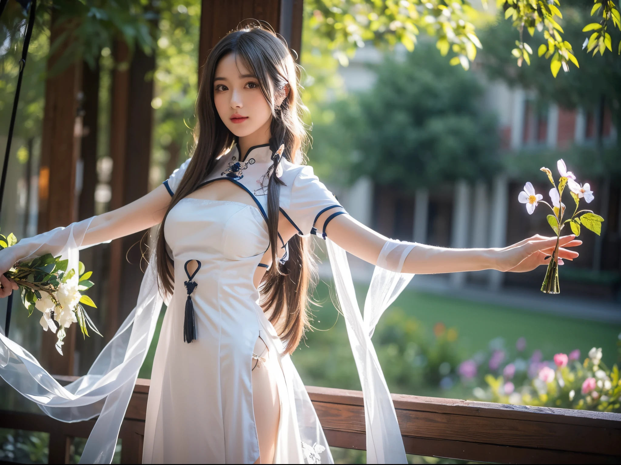 1 girl, full body photo, black hair, flowing hair, hazy beauty, extremely beautiful facial features, white embroidered dress, hairpins on her head, lying in a flower bush, hand dragging chin, perfect hand, white flower, (spring, rainy day, terraces, mountains), simple vector art, contemporary Chinese art, soft light, entangled scarf, overlook