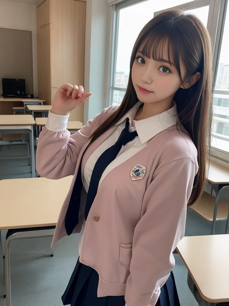 tmasterpiece, Best quality at best, 1个Giant Breast Girl, looking at viewert, A piece of,, Nano OP, 校服, schools, classroom desk,, Alone,
