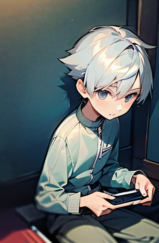 (a boy with silver hair and a jacket),(-yeld bo(gamer),(geek),(holding a portable console in his hands),(small size), inside of house, playing videogames, deviantart, 2d