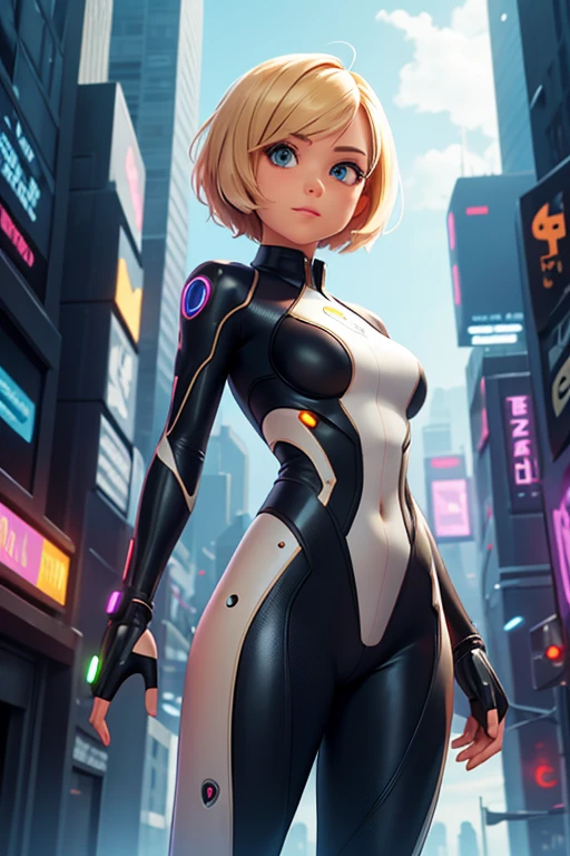 beautiful girl, short blond hair, wearing futuristic body suit, pointing futuristic pistol at viewer, futuristic city, high quality, colorful