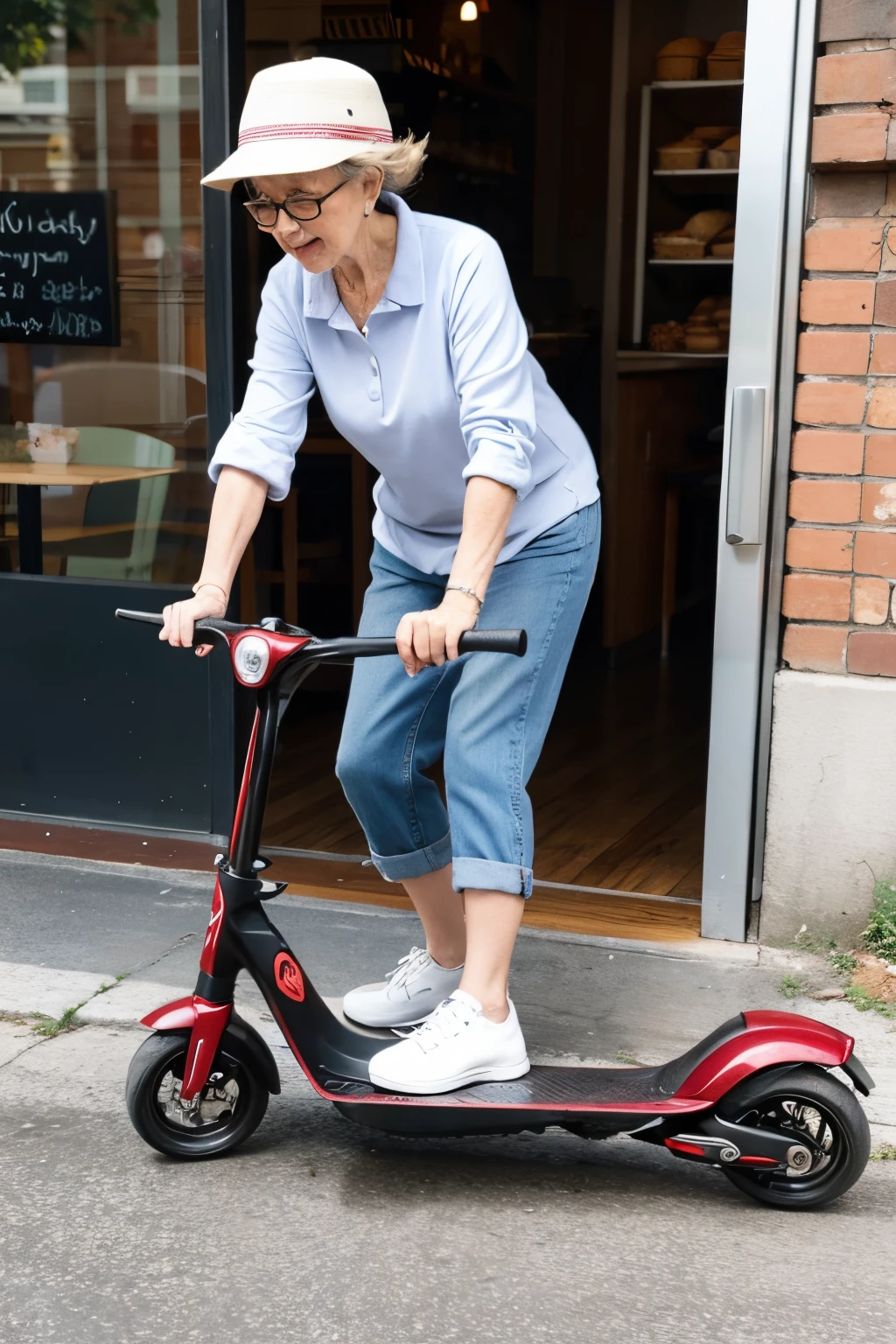 Grandma rides scooter into bakery and knocks over table