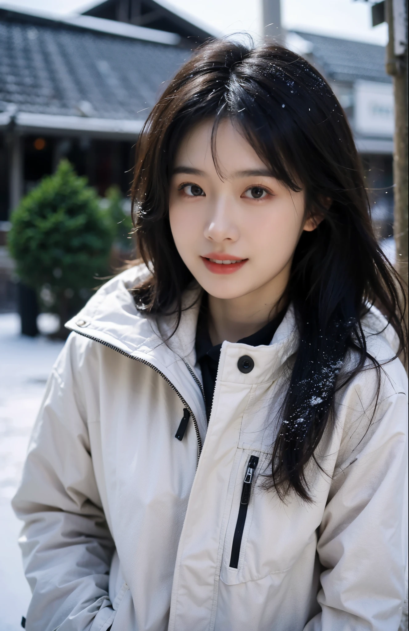 woman wearing white down jacket standing in the snow, Fair skin, 1 girl, Cute face, high high quality,Best Picture Quality,Face it up,slimfigure,Proportional coordination,ssmile,23-year-old girl,delicate finger, Detailed pupils, Real human skin,realisticlying, Best quality at best, A high resolution, actual