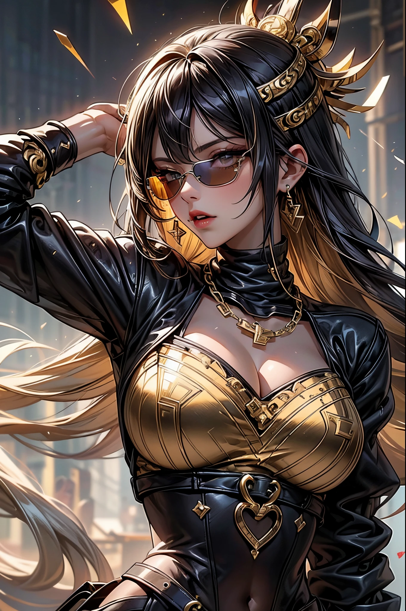 The most gangsta anime girl wearing apex gold and obsidian colors, metal luminance, metal golden pleated shimmer and crystal shine, black and yellow you what it is, art deco and art nouveau in this house, queen of kings, the most royal bitch out there, background of shimmering golden scales and plated black roses raining down like a moving wallpaper, masterpice in HDR, high exposure and cataclysmic contrast, high octane gameplay big dick energy lets go! (versace shades, gucci, saint laurent, luis vuitton:1.4)