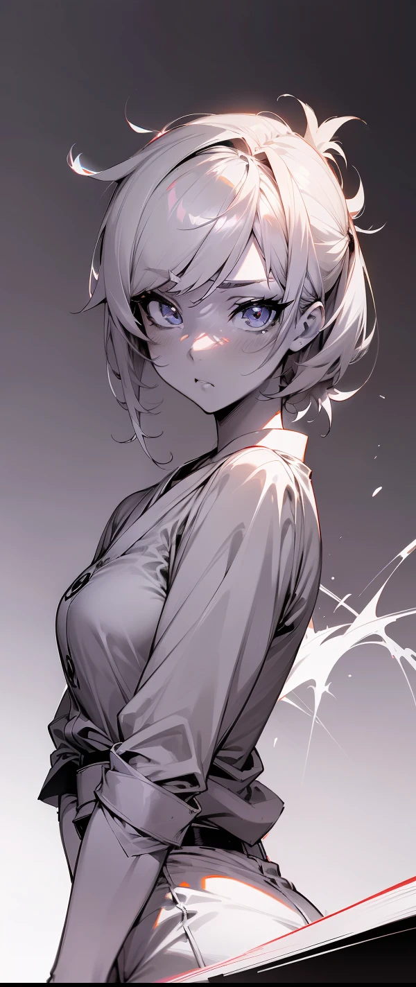 (Japanese anime, Esbelto, brillante, Luz y sombra, sombra, Estilo tsundere), La mejor calidad de imagen, Peinado plateado, ojos rojos, Camisa blanca, Monochrome background.