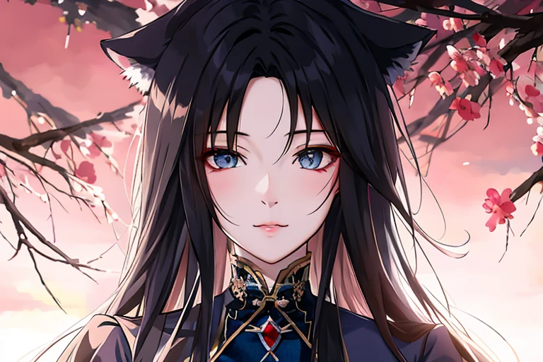 Anime girl with long black hair and blue eyes standing in front of the full moon, Guweiz style artwork, a beautiful anime portrait, a stunning anime face portrait, beautiful anime catgirl, Cat ears anime girl, Digital anime illustration, anime in fantasy style, guweiz, detailed portrait of an anime girl, detailed digital anime art