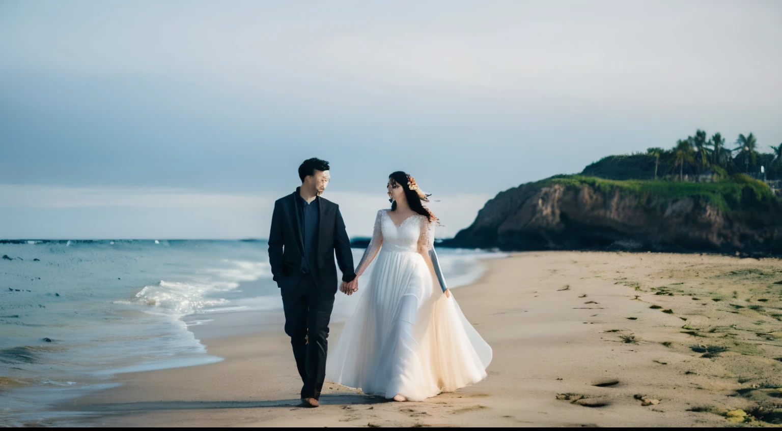 A very happy looking couple，Hand in hand，Walk on the beach by the sea