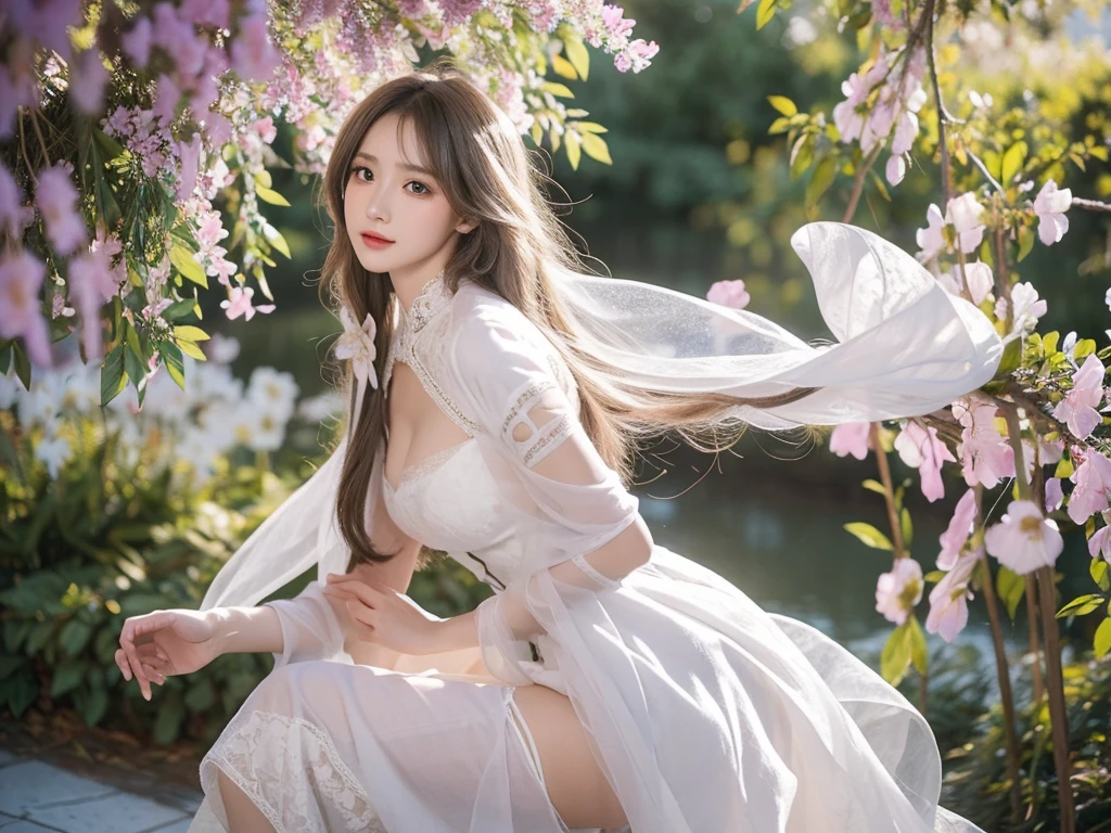 one-girl,delicated face,beautidful eyes, long, floated hair, Vibrant colors, Soft natural light, flowers blooming in the background, intricate lace dress, Strike elegant poses, Wonderful atmosphere, fine art style, captivatinggaze, Magical and fascinating.