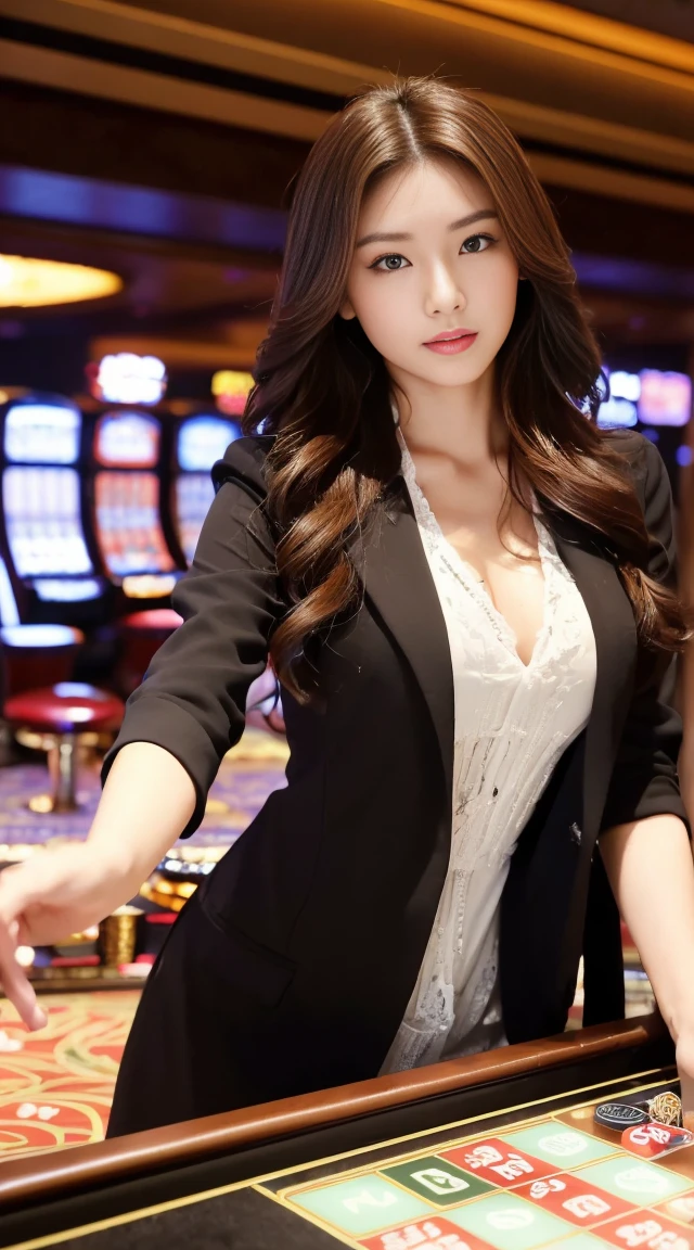 ((最高品質, 10, master-piece: 1.3)), crisp focus: 1.2, Beautiful woman with perfect style: 1.4, Slender abs: 1.2, ((dark-brown hair, small: 1.2)), (natural light, city street: 1.1), Highly detailed face and skin texture, detailed eyes, 二重まぶた (Random background,In casinos,VIP casino room, Modern Casino Console, Modern Slot Machines ) (Dress up as a random casino employee..&#39;uniform.,Sexy)