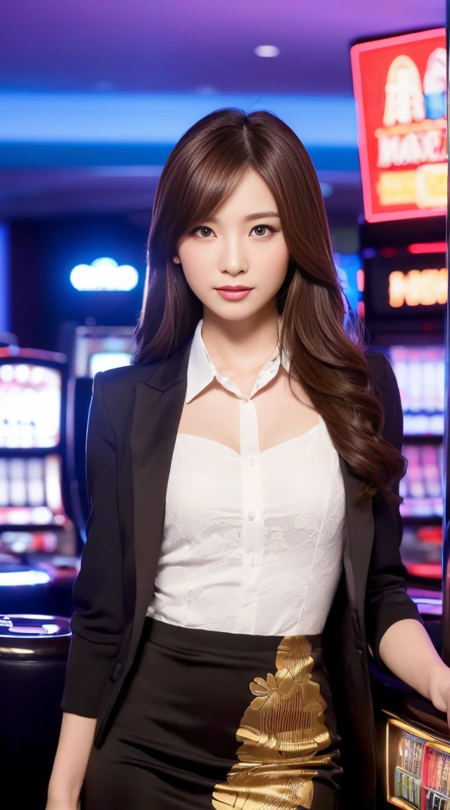 High qualityสุด, Masterpiece, 1 woman, Beautiful face, (ภาพถ่ายเสมือนTRUE:1.3), Light around the wheel rim, (Highly detailed skin:1.2), 8K UHD, dslr, High quality, high definition, 4K, 8k, Bokeh, (TRUE: 1.3), small face, A cute girl, black formal blazer, middle breast, short skirt,office (random background,In casinos,VIP casino room, Modern Casino Console, Modern Slot Machines )