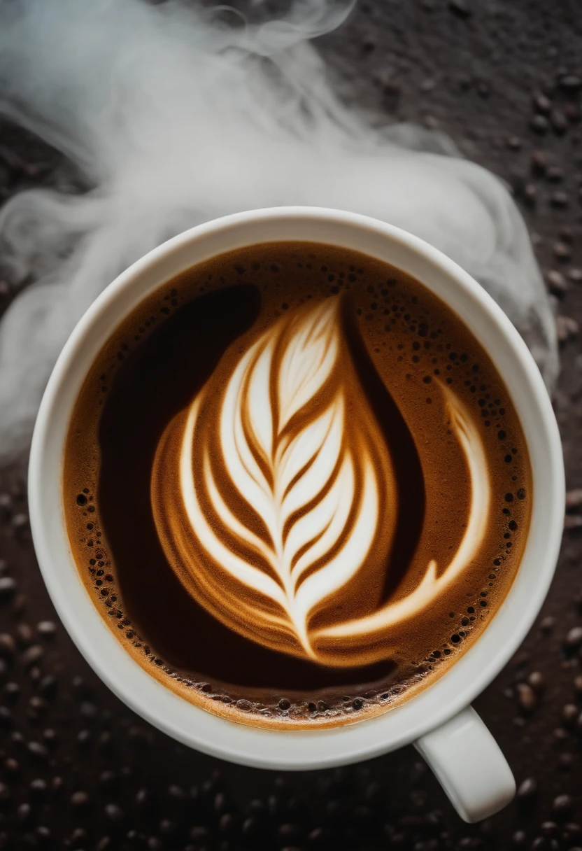 An artistic close-up shot of a steaming cup of freshly brewed coffee, with intricate foam designs on the surface.,original,sasquatch