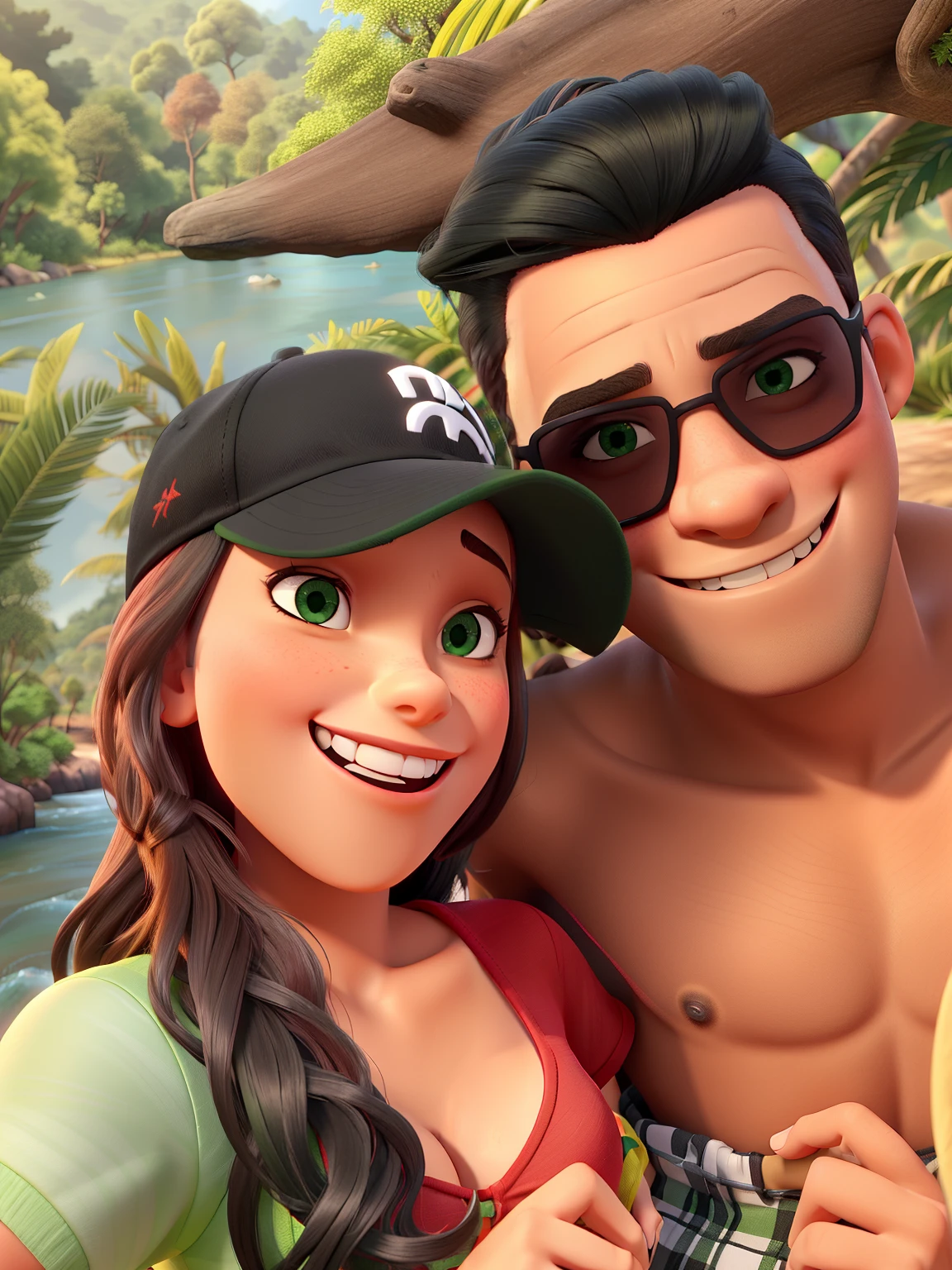 uma mulher branca de cabelo castanho, red bikini, green shirt and black new era cap, smiling with his tongue out, hugging a dark-skinned boy with sunglasses pouting on a background of river and trees