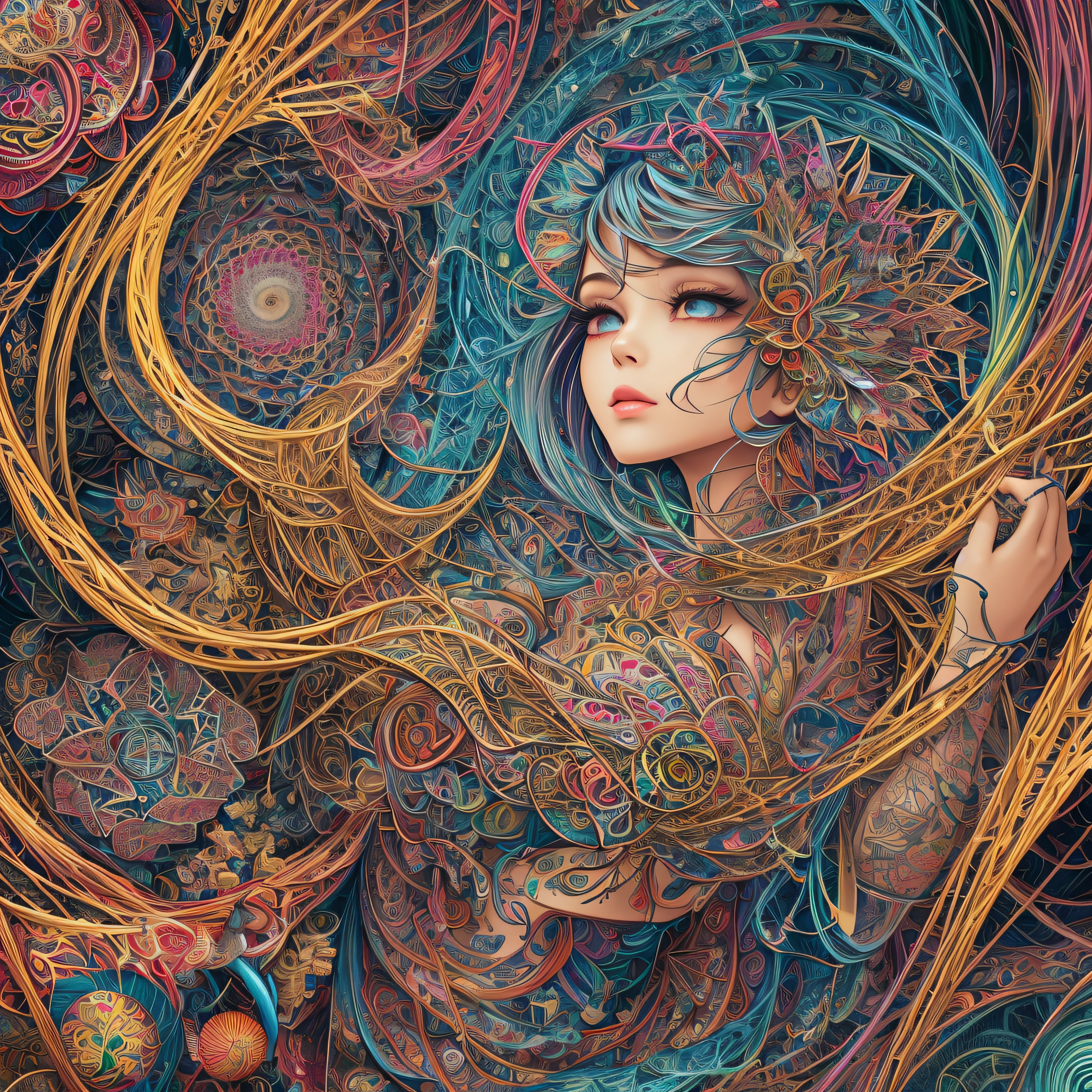 Official art, Unity 8k壁纸, ultra-detailliert, Beautiful and aesthetic, masutepiece, Best Quality, (Zentangle, mandalas, Tangle, Entangle), (Fractal Art:1.3) , 1womanl, Big , Extremely detailed, Dynamic Angle, cowboyshot, Most Beautiful Form of Chaos, Elegant, a brutalist designed, vivd colour, romanticism, Atmospheric,  of musical notes, streaming musical notes visible