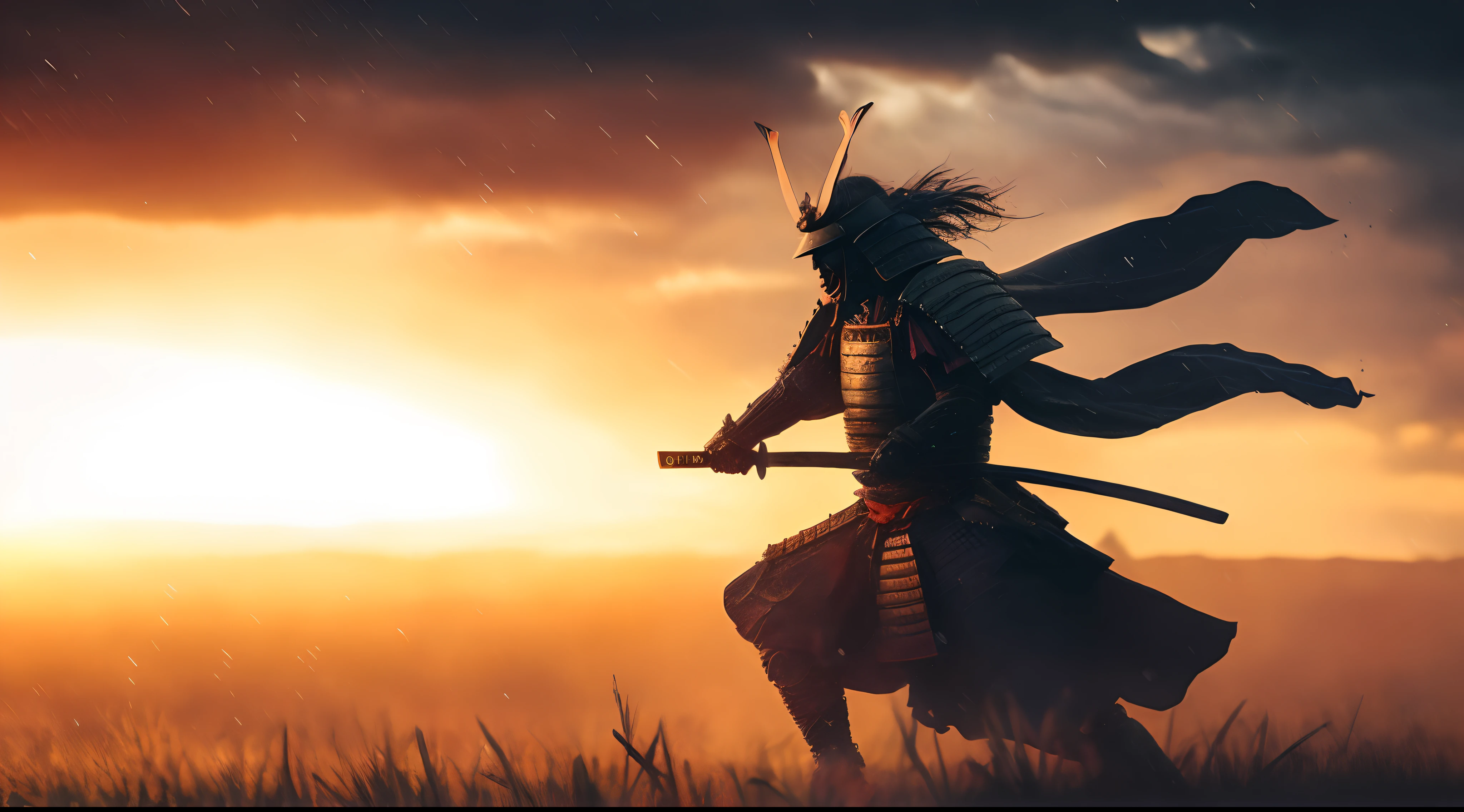 Epic samurai photo who is battling with wind and rain. Sunrise