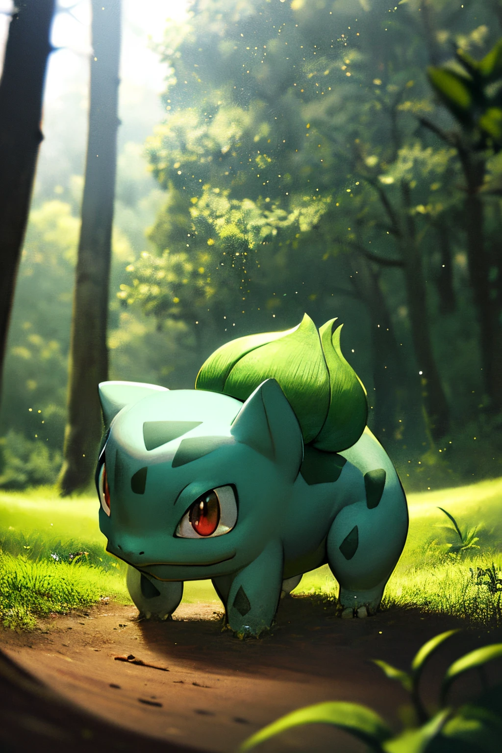 centered, award winning photo, (looking at viewer:1.2), |  Bulbasaur_Pokemon, |forest, big trees | bokeh, depth of field, cinematic composition, in the forest