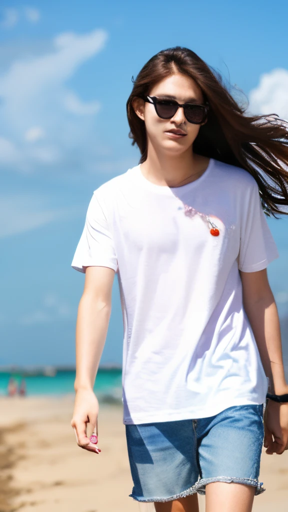 age19、kawaii、White T-shirt、Orange Hot Pants、semi long hair、Walking along the sandy beach。