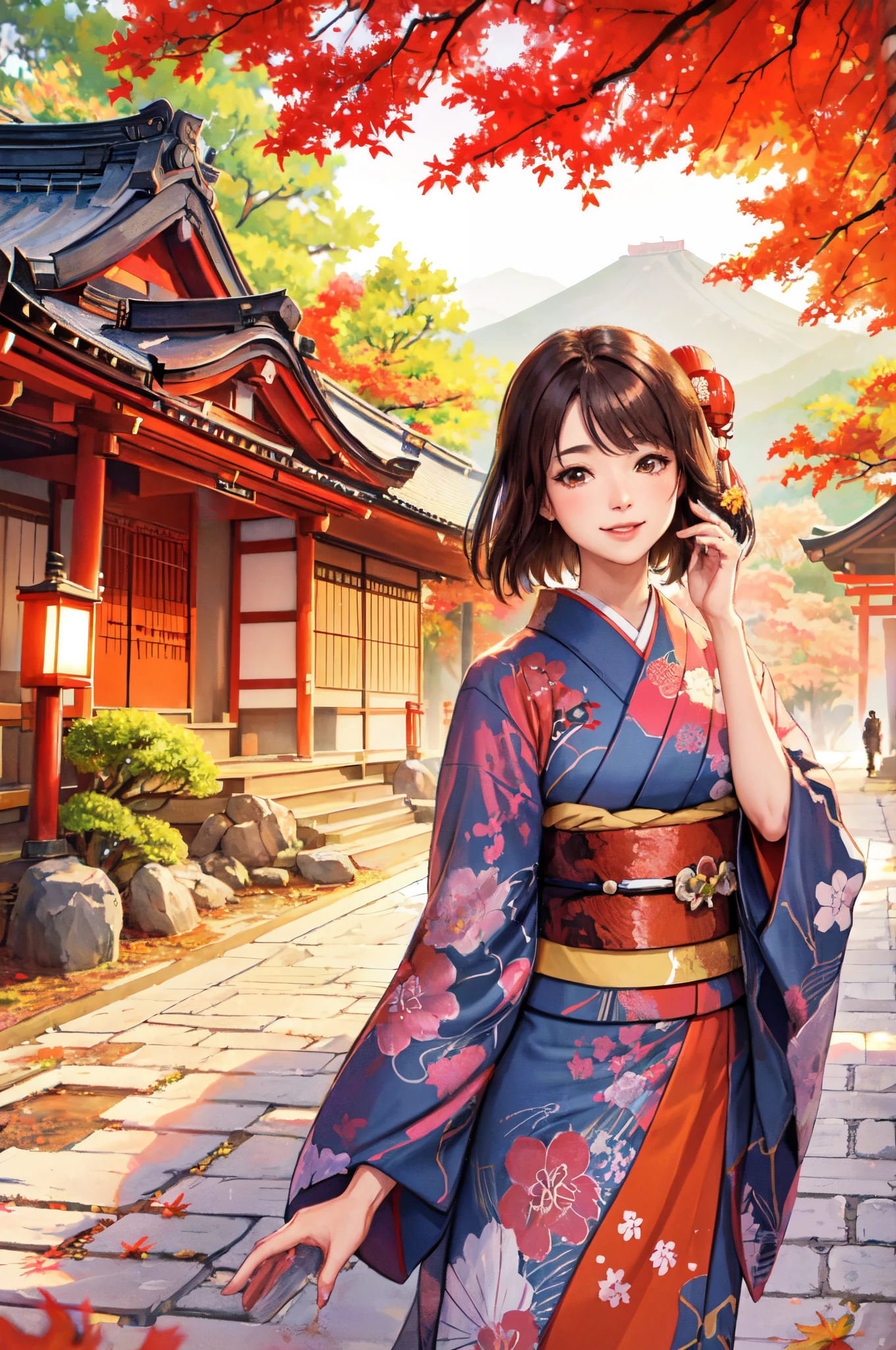 1lady standing, /(colorful kimono/), mature female, /(brown hair/) bangs, light smile, (masterpiece best quality:1.2) delicate illustration ultra-detailed, large breasts BREAK /(Japanese shrine in Kyoto/), /(trees autumn foliage/), /(bricks road/)