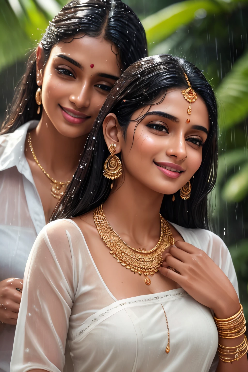two 20 years old extremely beautiful brown Tamil girls (white shirt jeans), (bangles earrings necklace wrist watch), enjoying themselves in the rain, both drenched in rain, facing viewers facing camera, eyes symmetry, (best quality, ultra-detailed:1.6), colorful scene, bright color palette, playful atmosphere, vibrant expressions, joyful laughter, raindrop reflections, wet hair, wet clothes, wet body, body reflecting light, back lit, refreshing ambiance, happy faces, splashing water, raindrops falling around them, natural lighting, candid moments captured, lively mood, (intricate detailed faces & eyes & ears & nose & lips & skin & curves & body parts)