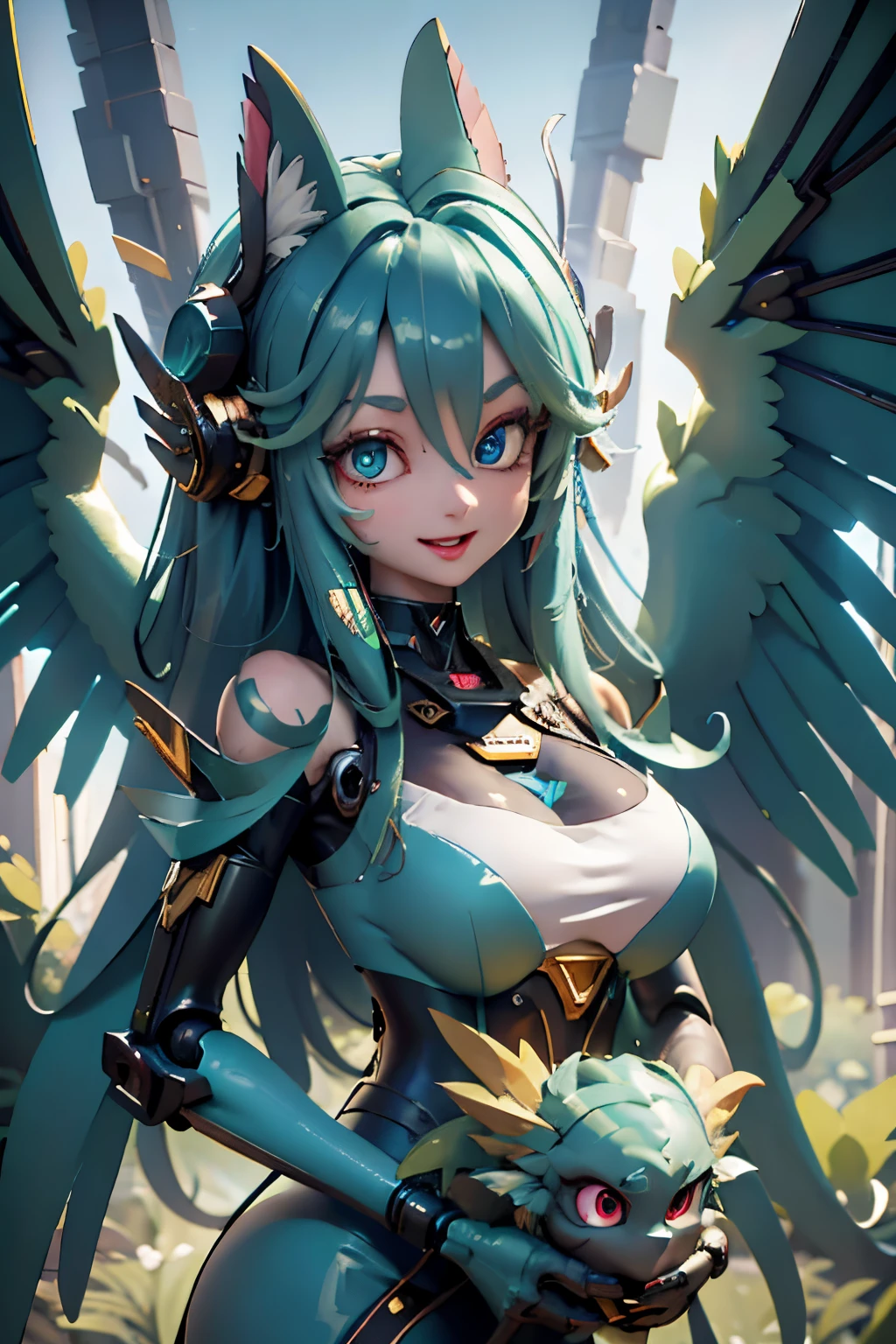 ​masterpiece、top-quality、hight resolution、8k、1beautiful girl、sixteen years old、harpy、mechs、a mecha girl、Mecha harpy、kawaii eyes、big eye、dark light blue eyes、green colored hair、Twin-tailed、Smile with open mouth、teak、lip stick、