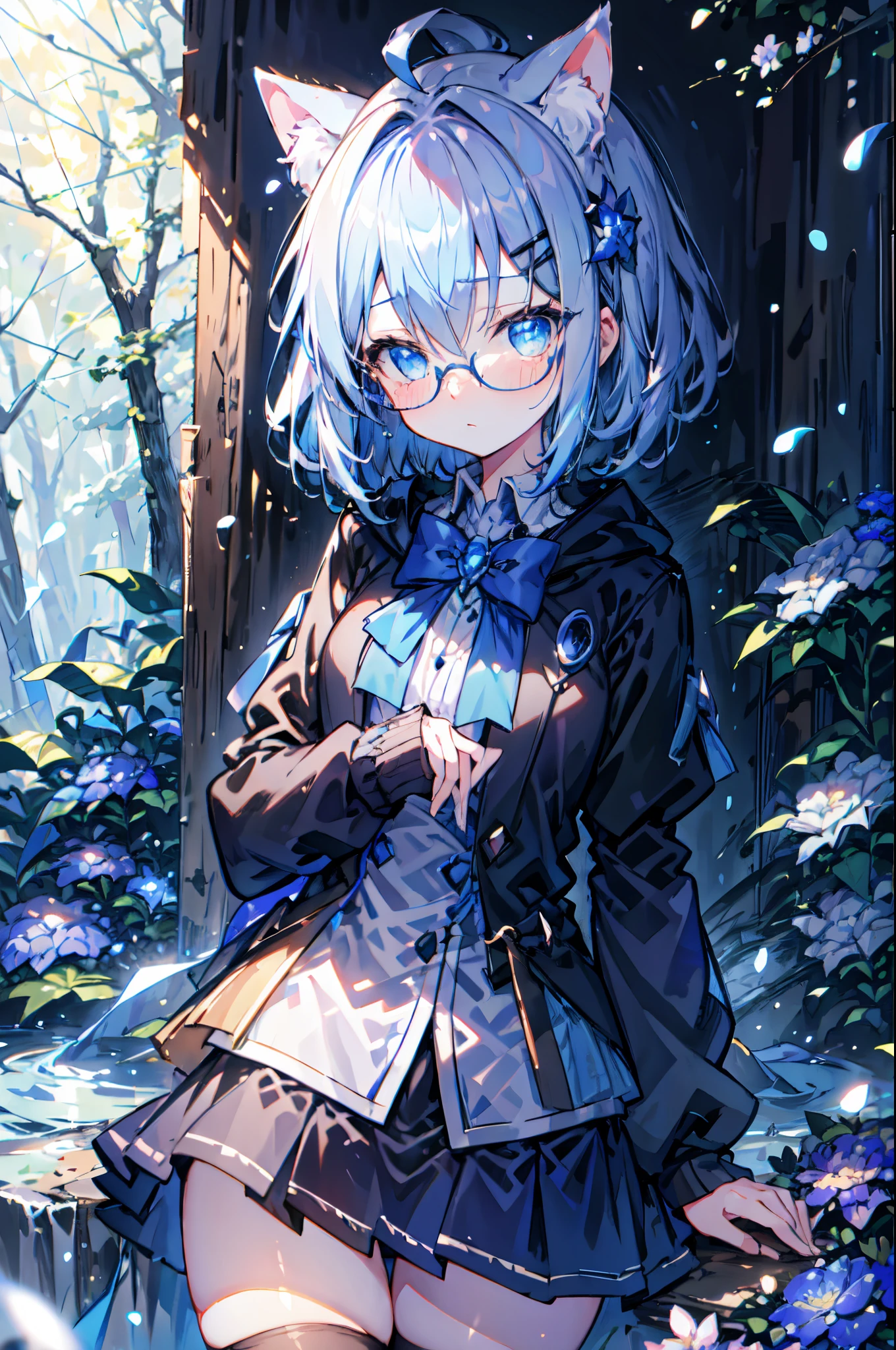 (masterpiece, best quality:1.1), light blue cat ears, light blue hair, blue eyes, anime, cute, short hair, side pony tail, hairclip, flower brooch, blue ribbon, teen, small breast, ahoge, solo, long sleeves, forest, best quality, collared_shirt, dark grey sweater, zettai_ryouiki, skirt, blue glasses, volumetric lighting, loli
