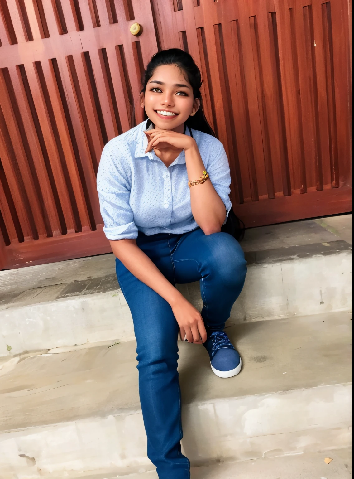 smiling woman sitting on steps with hand on chin, with a happy expression, with a cool pose, by Max Dauthendey, at college, photo taken in 2 0 2 0, jayison devadas, candid picture, marvelous expression, full body photogenic shot, cool pose, profile pic, with a beautifull smile, satisfied pose, friedly smile