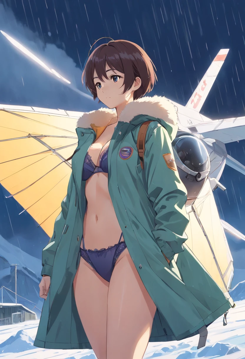 ((high definition)), ((full body)) press photography, ((aviator))((wearing open raincoat and lingerie)), ((Lockheed Vega 5B in the arctic)), ((enchanting)), ((big butt, huge boobs)), ((looking away from the camera)), Detailed, Detailed pretty face, Sharp Focus, (Detailed and intricate), 4k, Leica 35mm F2.8, Fuji Superia Reala 100
