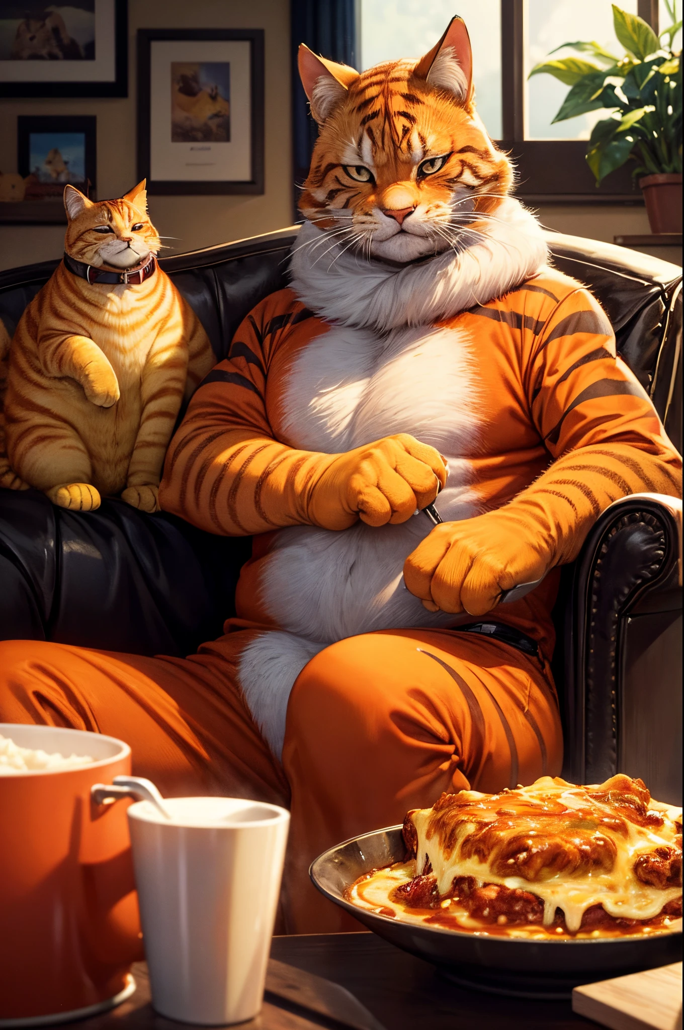Garfield, the chubby orange tabby cat with black stripes, reclined on his favorite spot—the living room couch. His half-closed eyes betrayed a mix of boredom and anticipation as he plotted his next move. With a sly grin, he extended a paw towards the nearby lasagna, ready to embark on another epic gastronomic adventure. The characteristic black eyebrows arched in delight as he prepared to indulge in the cheesy delight that never failed to lift his spirits. Meanwhile, his short, stubby tail twitched with excitement, adding a touch of mischievous anticipation to the scene. In this moment of leisure and impending indulgence, Garfield's physicality mirrored his signature blend of laziness and unapologetic love for lasagna.