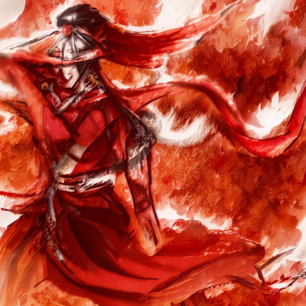Wearing a red dress、Anime girl with sword in hand, Inspired by JANASHANLE, inspired by Ma Shi, Benedict Barna, Inspired by Dongzhou Zai Sharaku, Detailed bushido form smoke, Inspired by Chen Jiru, Inspired by Kanebo, Akali, Inspired by Fu Baoshi