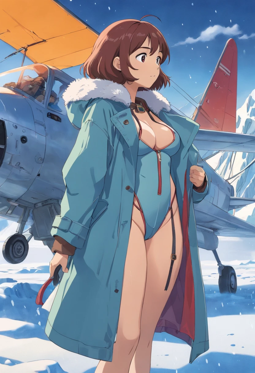 ((high definition)), ((full body)) press photography, ((aviator))((wearing open raincoat and lingerie)), ((Lockheed Vega 5B in the arctic)), ((enchanting)), ((big butt, huge boobs)), ((looking away from the camera)), Detailed, Detailed pretty face, Sharp Focus, (Detailed and intricate), 4k, Leica 35mm F2.8, Fuji Superia Reala 100