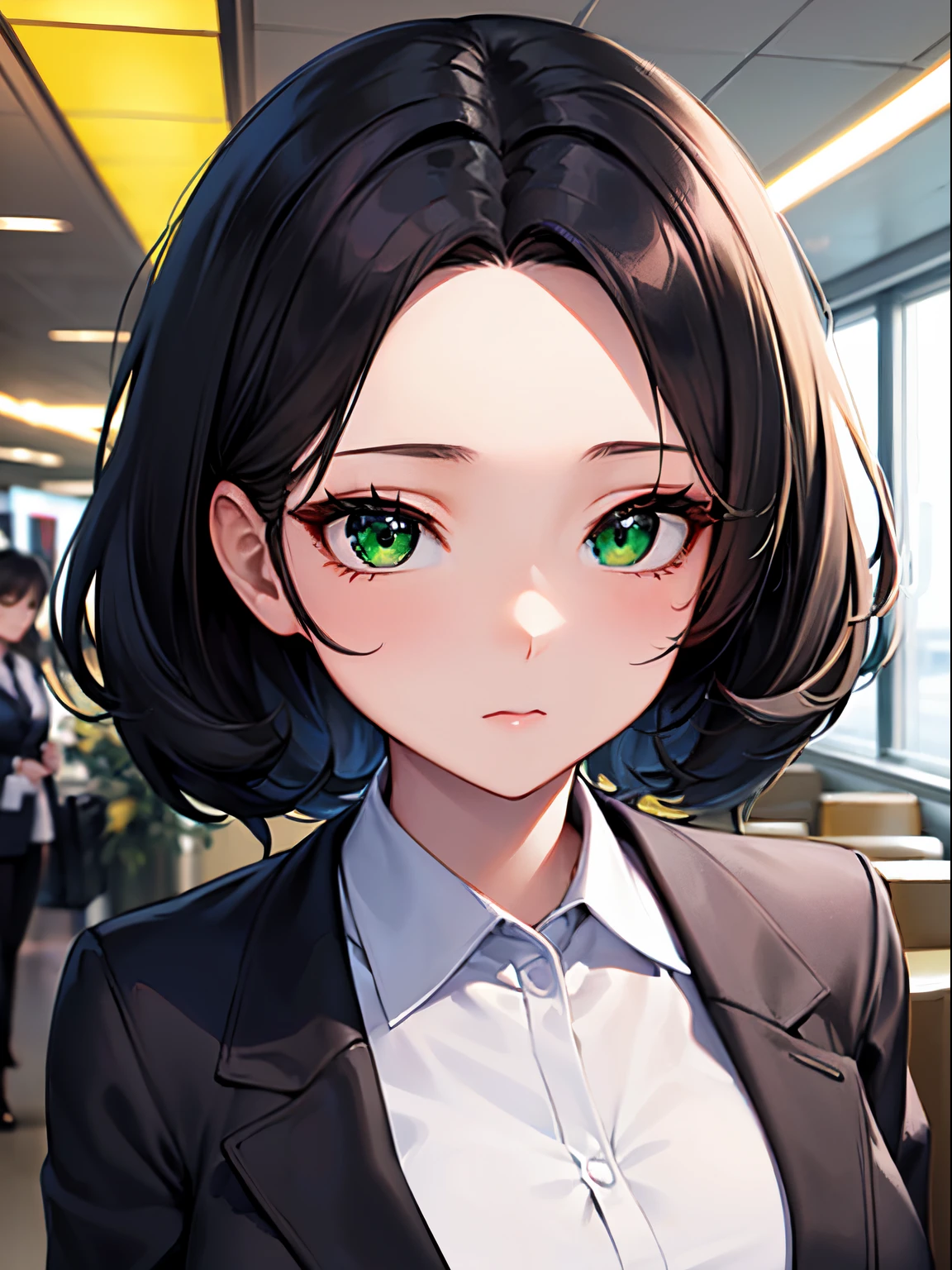 ((Best Quality)), (ultra-detailliert), ((Extremely detailed)), (Beautiful), ((Kawaii Girl)), ((UHD)), (masterpiece), (high quality), (best quality), (4K), (high quality), 1, solo girl, 1girl,  (black hair), (medium hair), (forehead), wavy hair, green eyes, medium breasts, slender body, flight attendant uniform, airport lobby, anime
