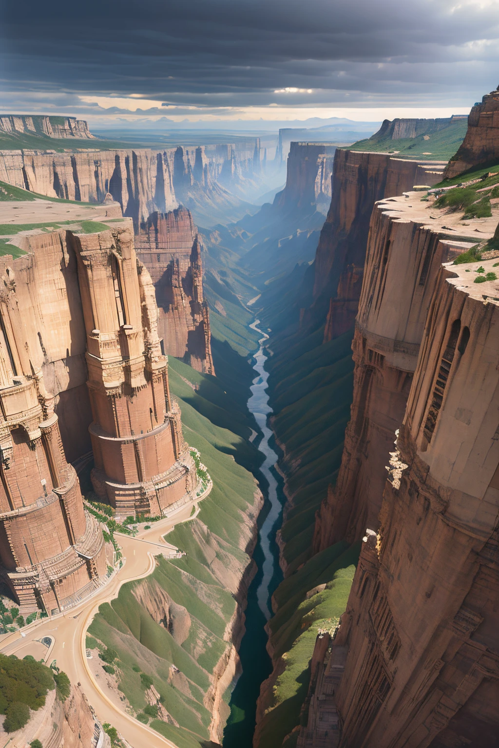((obra maestra)), ((mejor calidad)), ((detalle alto)), ((realista,)) Ciudad de la era industrial, Deep canyons in the middle, architectural streets, bazares, puentes, Rainy days, steampunk, arquitectura europea, cyber punk
