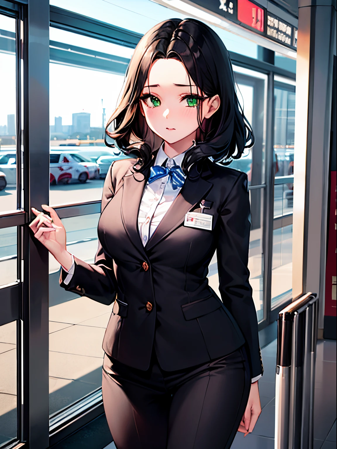((Best Quality)), (ultra-detailliert), ((Extremely detailed)), (Beautiful), ((Kawaii Girl)), ((UHD)), (masterpiece), (high quality), (best quality), (4K), (high quality), 1, solo girl, 1girl, (black hair), (medium hair), (forehead), wavy hair, green eyes, medium breasts, slender body, flight attendant uniform, airport lobby, anime