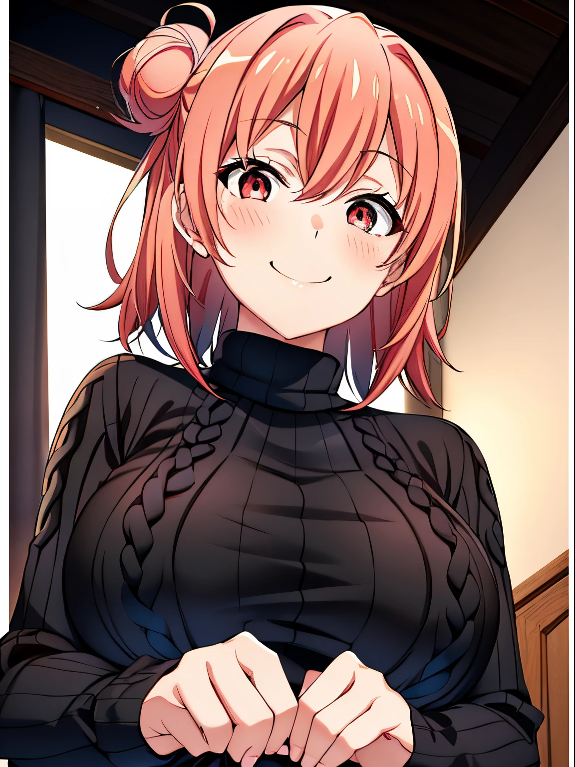 masutepiece++, Best Quality++, ultra-defined++, ultra-defined++,4K++,in 8K++, Highly detailed, 

(Black knitted sweater:1.4),   

(large boob:1.2), 

Perfect hands, Perfect nose, 
Smile, 
(From below), darkness, indirect lighting, Hands behind, 

Yuigahama Yui,  Pink hair, Short hair, Hair bun, 
Looking at Viewer, Focus,
Upper body, close shot, pov,