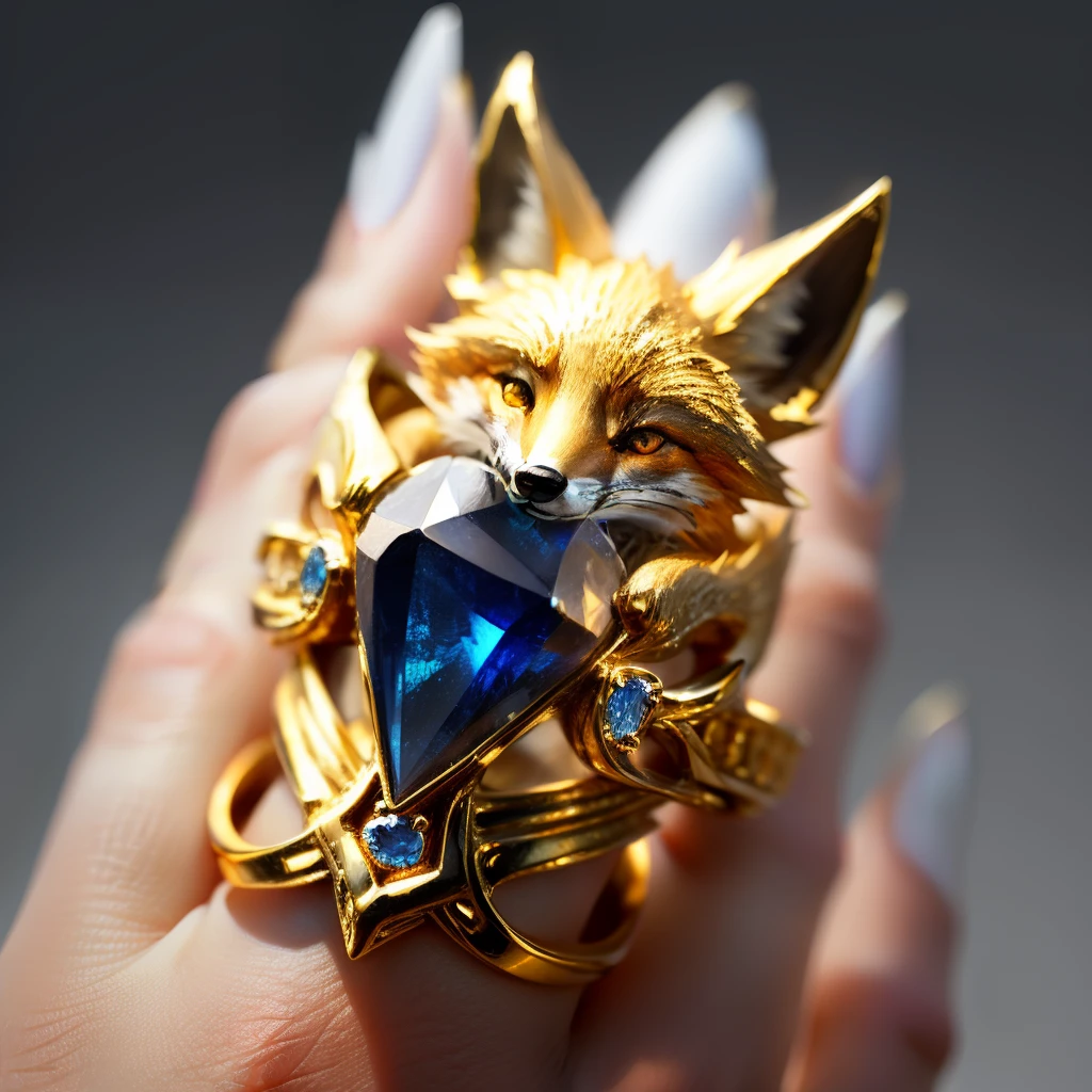 Made of gold and sapphire,Design a ring,There must be elements of fox in it