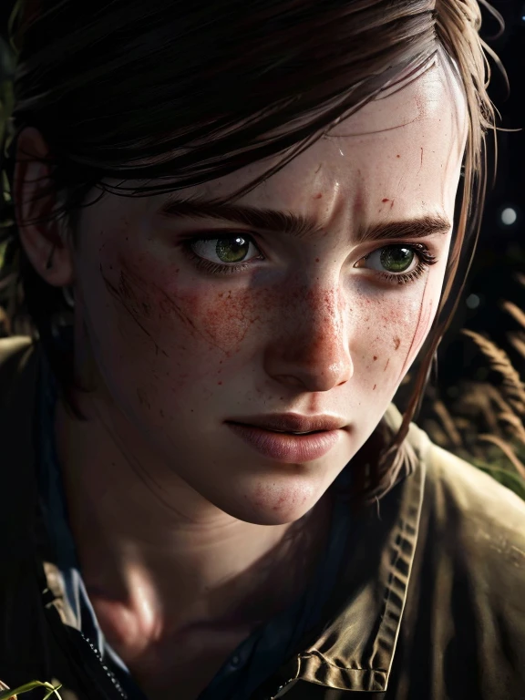 Ellie, tlou2, sneaking through high grass, forest, ((at night, moonlight)), (8k, RAW photo, best quality, masterpiece:1.2),ultra-detailed, (high detailed skin:1.2), 8k uhd, dslr, soft lighting, high quality,