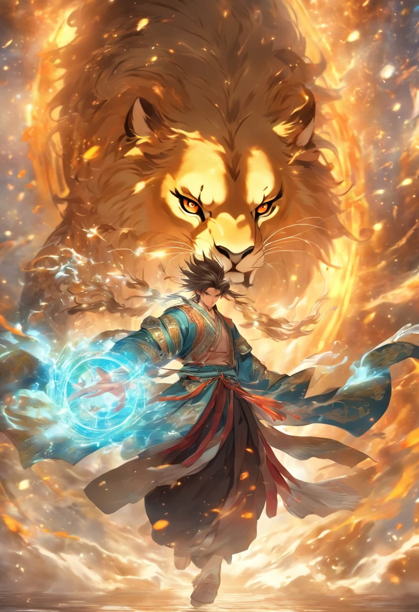 (tmasterpiece), (Best quality at best), Cinematic quality,Rendered by Octane,Ultra-detailed details,1 boy,Cool action,Wearing ancient Chinese Hanfu,(Ancient Chinese Formation:1.2),Energy surrounds,light particle fluid,Fairy air fluttering,Luminous magic circle,Summon ancient beasts,oda'There is a huge lion behind him